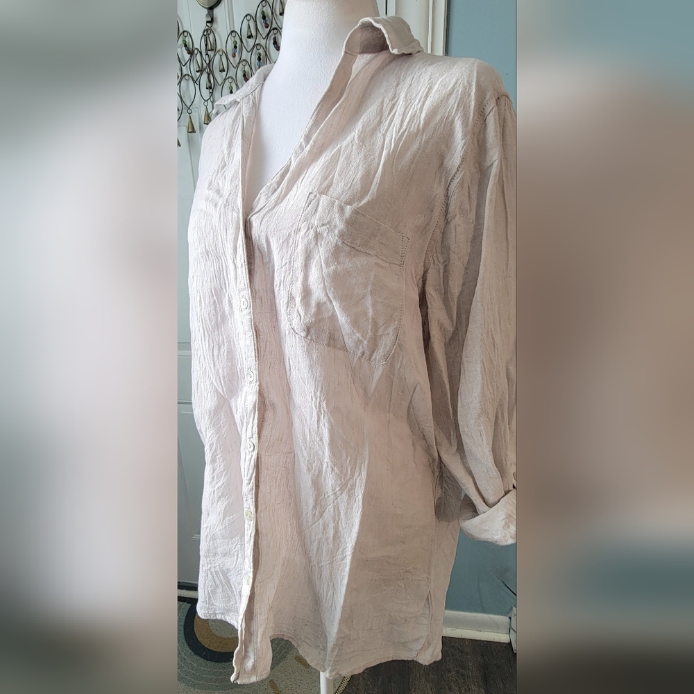Sigrid Olsen 100% Linen Button Down Shirt Women's L Oatmeal Long Roll Tab Sleeve - Picture 2 of 10